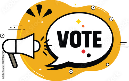 Illustration of a megaphone broadcasting the word Vote, symbolizing election, democracy, and civic participation