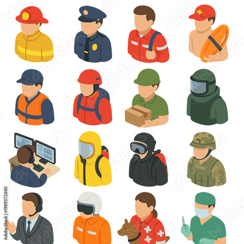 Collection of isometric icons representing diverse professions and emergency services workers