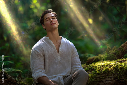 Young man in simple linen shirt meditating peacefully in sunlit forest setting