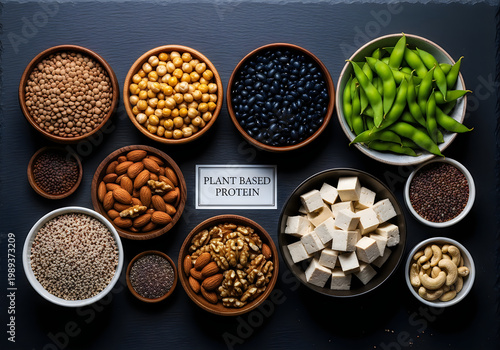 Plant based protein rich foods including legumes nuts seeds and tofu on a table