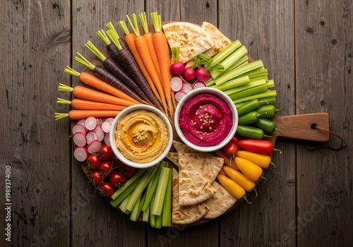 Vibrant vegetable platter with hummus and pita bread on wooden table for healthy snack