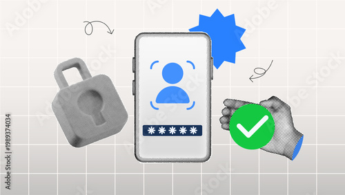 Halftone collage, Smartphone, mobile login, user icon with password, asterisk, hand holding green check mark and padlock, for cybersecurity, user verification, data privacy and saving online access