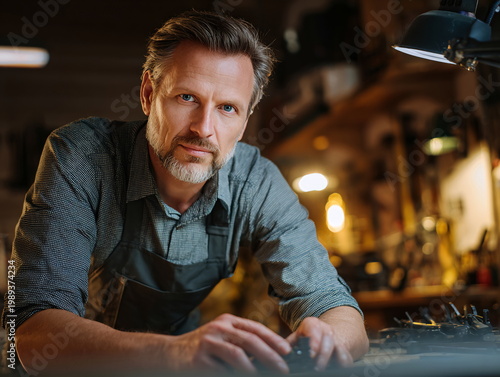 Mature Caucasian male entrepreneur in his workshop looking at camera with serious expression