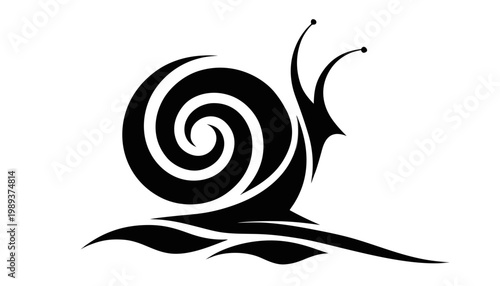 Black silhouette of a snail with spiral shell on flowing waves  