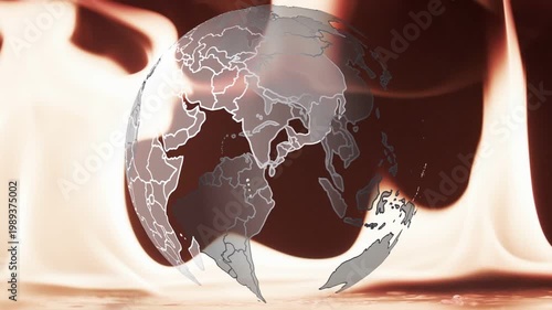 Flames rising showing globe over mirror floor rotating revealing Americas Eur or Afr Asia or Oce for