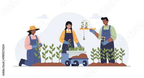 Diverse farmers using smart agriculture technology for planting and monitoring crops. EPS Editable. Vector Illustrations.
