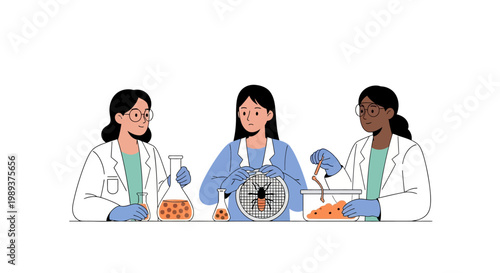 Diverse female scientists conducting biological research in a laboratory setting. EPS Editable. Vector Illustrations.
