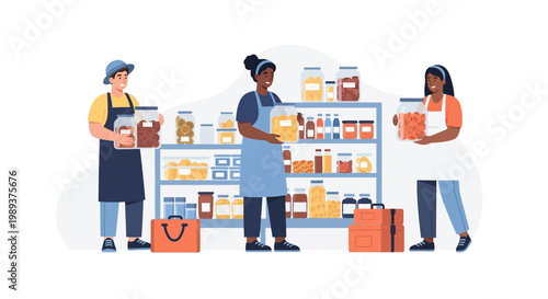 Diverse grocery store staff organizing food products on shelves. EPS Editable. Vector Illustrations.