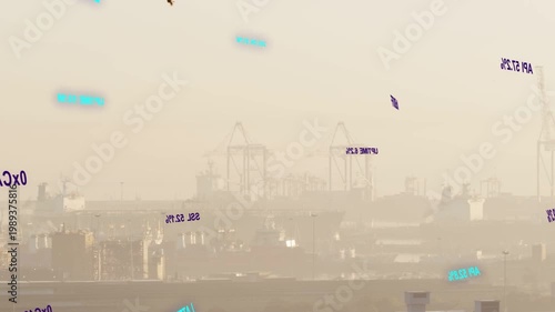 Labels entering from edges starting motion, drifting across hazy port cranes, visualizing data flow