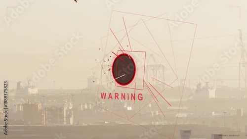 Dark disk appearing triggers warning graphic growing, pulsing wireframes WARNING alerting harbor