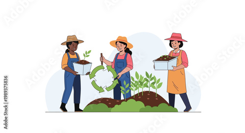 Diverse Group of Gardeners Planting Seedlings and Promoting Sustainable Farming Practices. EPS Editable. Vector Illustrations.