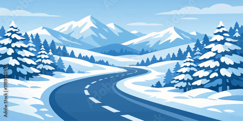 Snowy winter highway winding through a cold mountain forest landscape under a frosty blue sky with white fir trees and ice