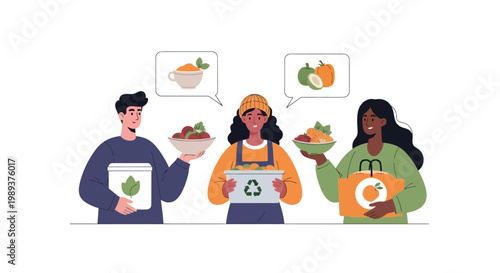 Diverse group of people promoting food waste reduction and sustainable recycling habits. EPS Editable. Vector Illustrations.