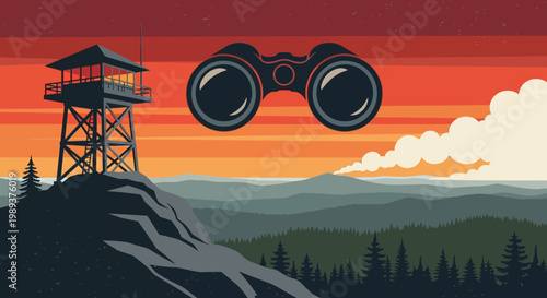 Binoculars Hovering Over a Scenic Landscape with a Fire Lookout Tower at Sunset