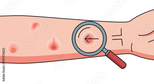 Close-up illustration of skin irritation on a human arm with red bumps, zoomed in by a magnifying glass