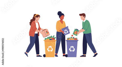 Diverse group of people sorting household waste into recycling bins. EPS Editable. Vector Illustrations.