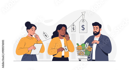 Diverse group of people analyzing rising food costs and inflation in a supermarket. EPS Editable. Vector Illustrations.