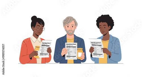 Diverse group of people reading medicine prescription labels and holding pill bottles. EPS Editable. Vector Illustrations.