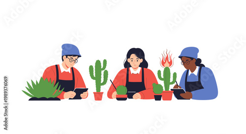 Diverse group of plant experts working with digital tablets and monitoring cactus health. EPS Editable. Vector Illustrations.
