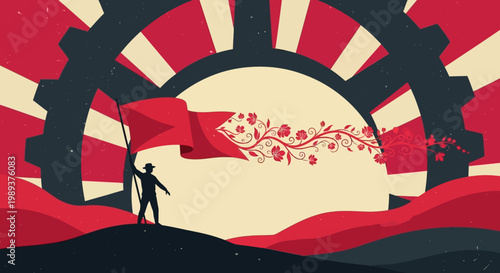 Symbolic illustration of transformation and growth, a lone figure with a flag blooming into nature, set against industrial elements and a powerful sunrise