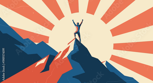 Silhouette of a person standing victoriously on a mountaintop with sunburst behind