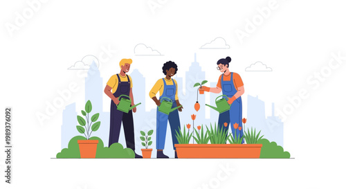 Diverse group of people working together in a community garden. EPS Editable. Vector Illustrations.