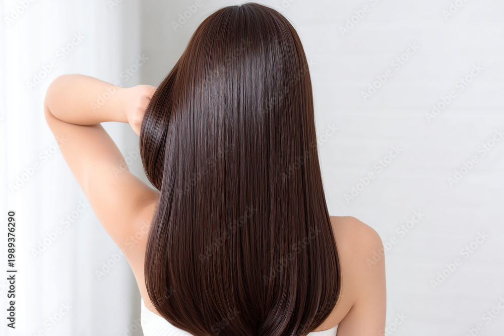 Naklejka premium しなやかにまとまるロングヘアの美しい後ろ姿をクローズアップで捉えたビューティーイメージ、自然なツヤと指通りの良さ、なめらかな毛流れを表現したヘアケア・シャンプー・トリートメント・サロン広告向け人物素材