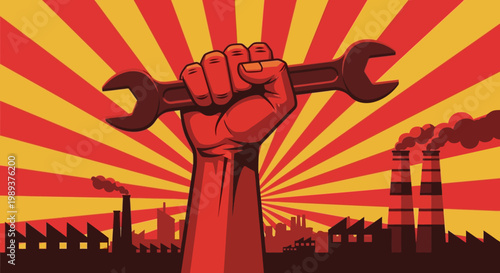 Illustration of a fist holding a wrench with industrial background and sunburst