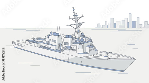 Modern naval destroyer navigating waters with city skyline in background