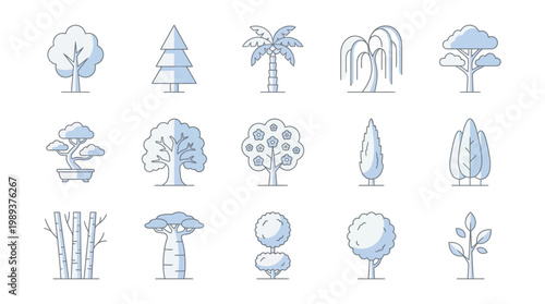 Collection of stylized, minimalist line art icons depicting various types of trees and plants