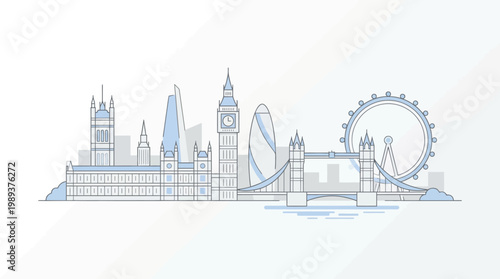 Modern line art illustration of London's famous skyline, featuring iconic architectural landmarks with subtle blue details