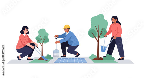 Diverse Group of Volunteers Planting Trees and Caring for Urban Greenery. EPS Editable. Vector Illustrations.