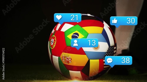 Player moving cleat toward ball showing flags, blue bubbles trailing and counting, boosting ads