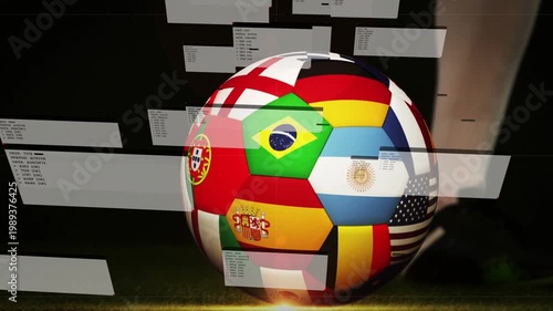 Multi-flag soccer ball rotating as sliding panels appear, cleated foot nearing to show match stats
