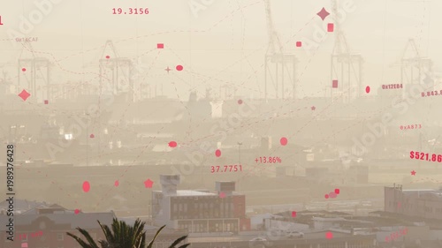 Port skyline with red dots overlay being animated after incoming pulse, visualizing cargo flow