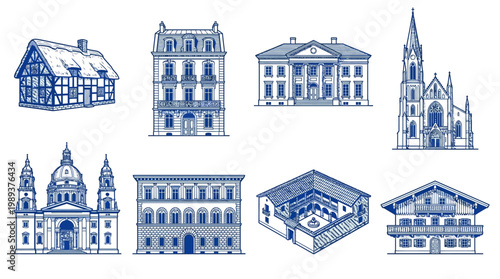 Collection of diverse hand-drawn historical and modern architectural buildings illustrating various styles