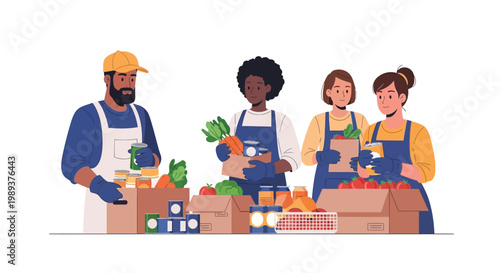 Diverse group of volunteers packing grocery boxes for charity food bank. EPS Editable. Vector Illustrations.