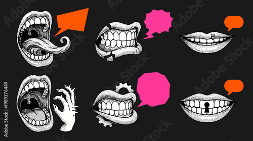 Vector illustrations exploring the complexities of human communication, speech, and hidden thoughts through expressive mouths and dialogue bubbles