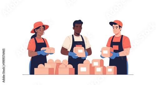Diverse group of warehouse workers organizing cardboard packages for shipping. EPS Editable. Vector Illustrations.