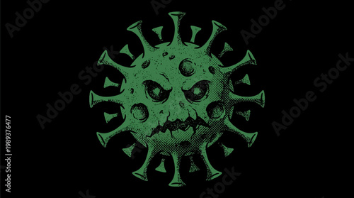 Menacing Green Microscopic Pathogen Illustration with Spiky Surface and Angry Expression