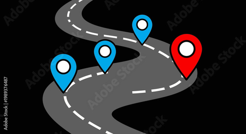 Navigational route with multiple markers indicating destination points on a winding road