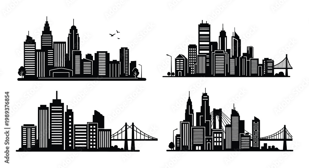 Obraz premium Stylized black and white cityscape icons featuring bridges and buildings
