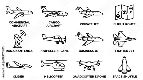 Various types of aircraft and flight related vector illustrations