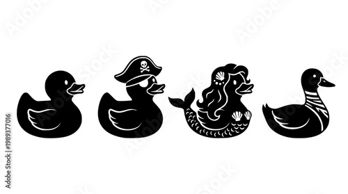 Four black ducks with different themed designs and accessories