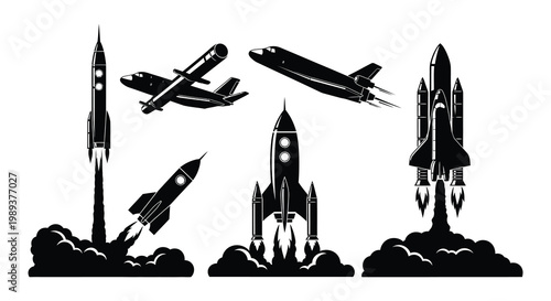 Collection of black silhouette rockets and spacecraft launching into the sky