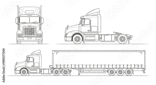 Semi-truck Technical Drawing from Multiple Angles