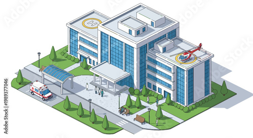 Modern hospital building with helipad and ambulance, providing a clean and advanced healthcare facility