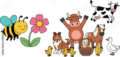 Vector Set of Cute Farm Animals Including Cow, Horse, Dog, Ducks, Bee, and Flower for Kids, Nursery, and Educational Designs
