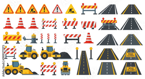 Construction and Roadwork Elements Safety Cones, Barriers, Traffic Signs, and Machinery Illustration Collection