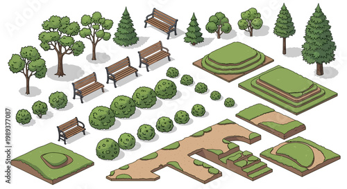 Isometric elements for park and garden design, including trees, benches, bushes, and pathways for outdoor landscape creation